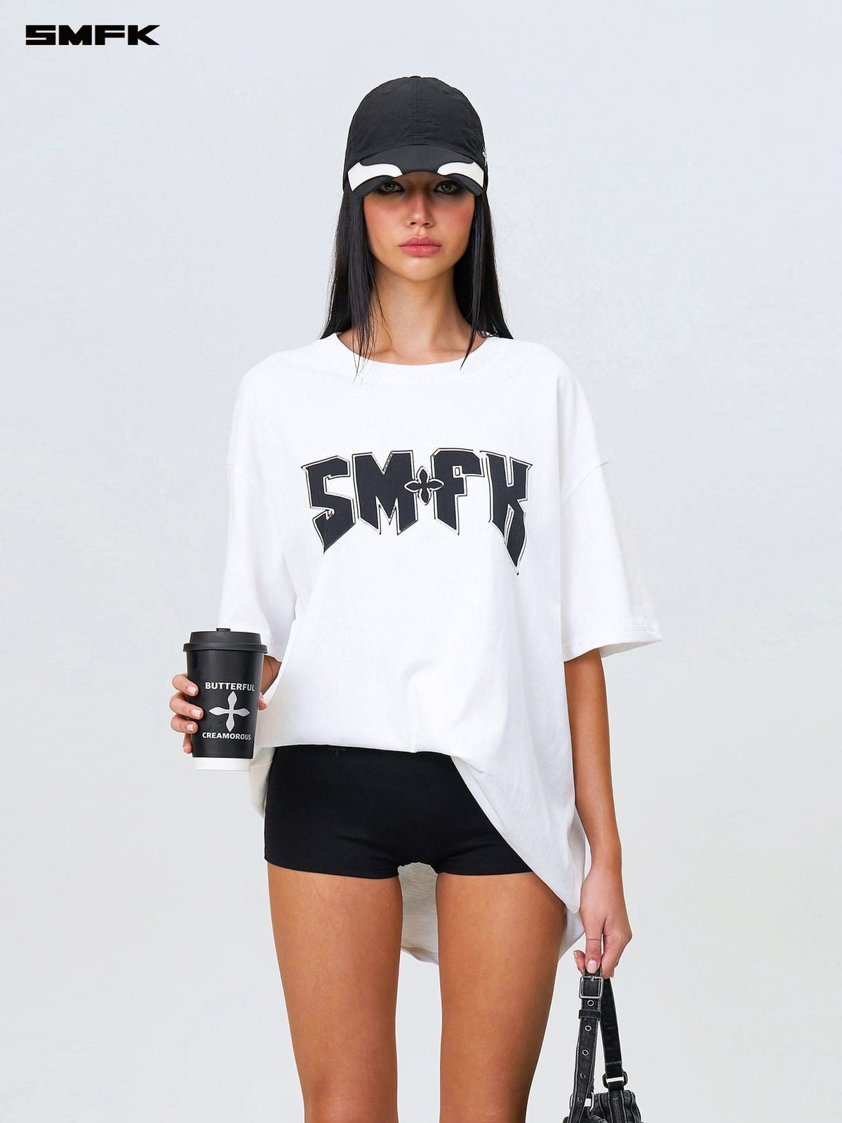 SMFK Metallic Logo Cotton T Shirt in White - On Female Model