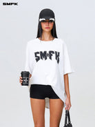 SMFK Metallic Logo Cotton T Shirt in White - On Female Model