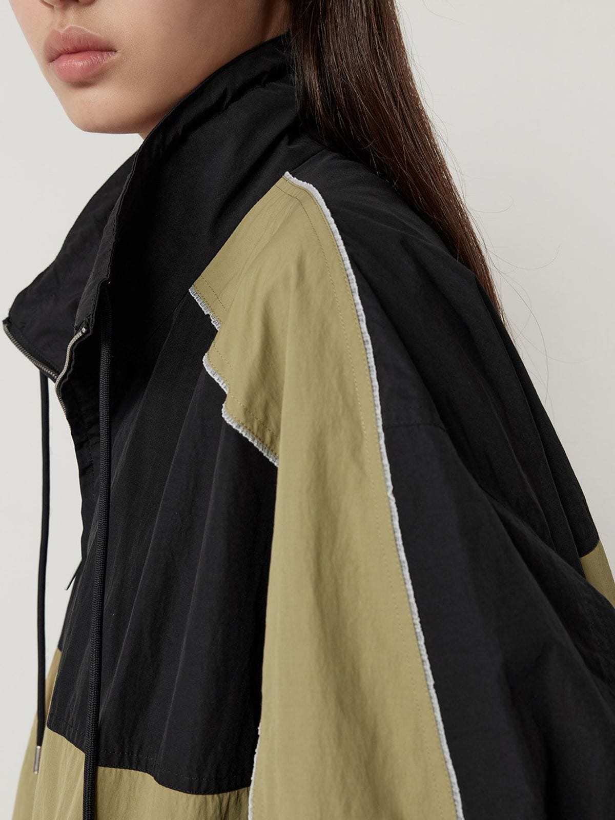 Random Piece Color Block Stand Collar Jacket in Beige - On Female Model