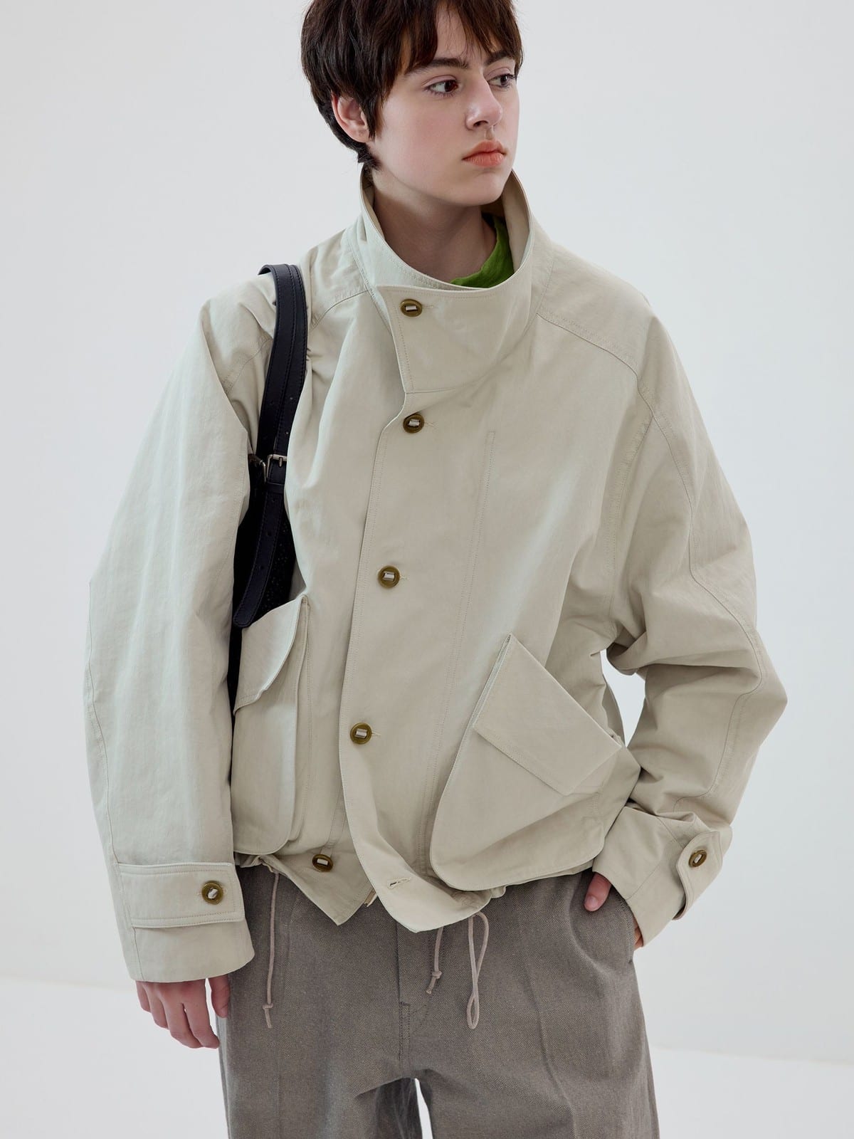 SIMPLE PROJECT Cotton Nylon High Neck Jacket in Gray - On Female Model
