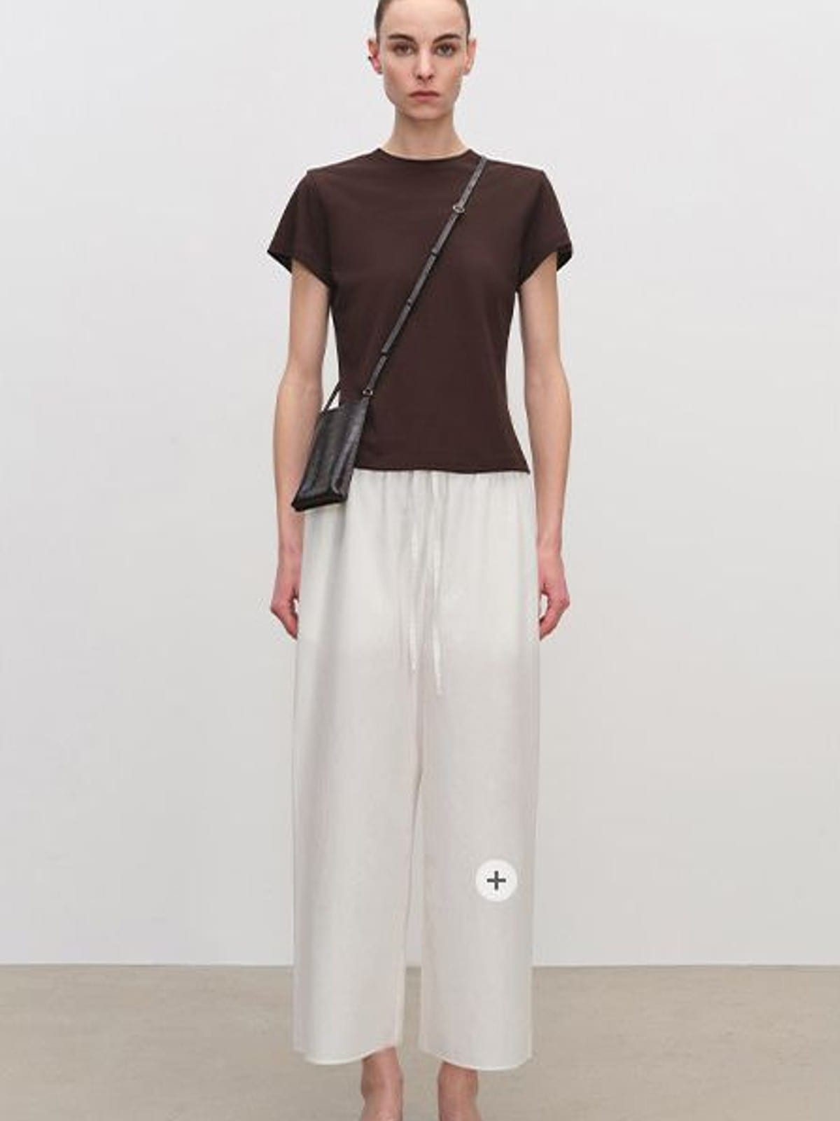 MSBEAST Acetate Cotton Flutter Sleeve T Shirt in Brown - On Female Model