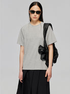 SIMPLE PROJECT Textured Diagonal Paneled T Shirt in Heather Gray - On Female Model