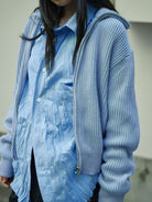 Retro 21 Ribbed Wool Blend Zip Cardigan in Sky Blue - On Female Model