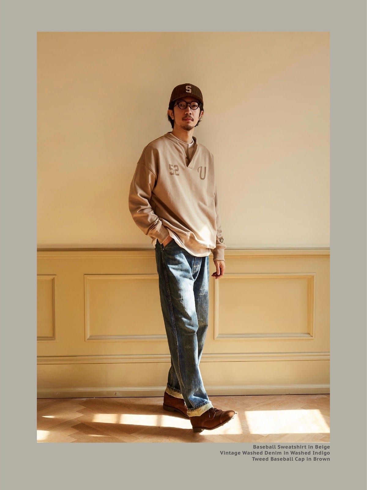 USAGE Terry Cotton Henley Sweatshirt in Beige - On Male Model
