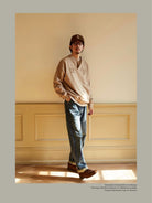 USAGE Terry Cotton Henley Sweatshirt in Beige - On Male Model