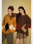 BeerBro Distressed Fuzzy Argyle Sweater in Mustard - On Female Model