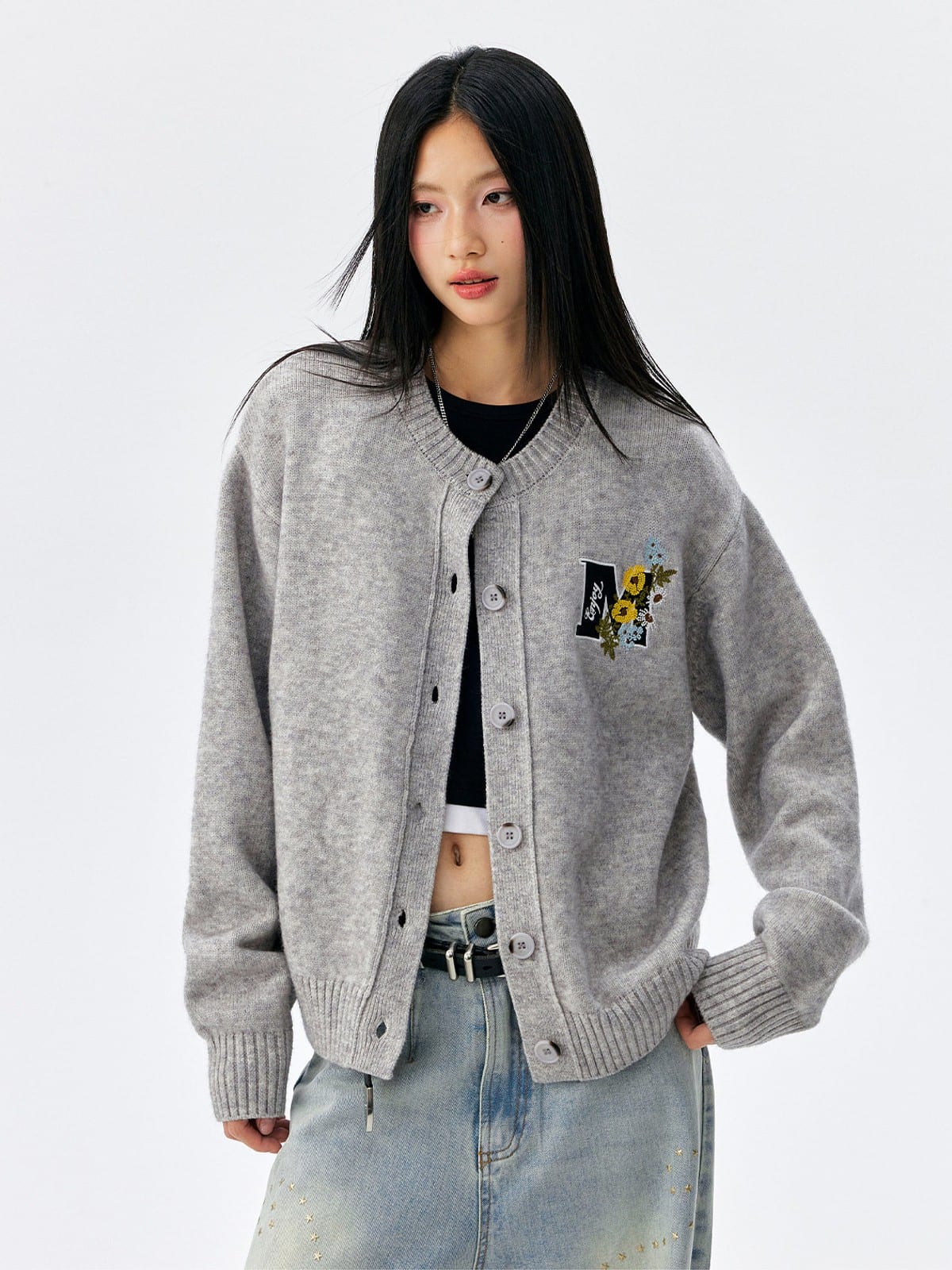MEDM Floral Embroidered Knit Cardigan in Gray - On Female Model