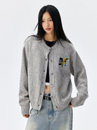 MEDM Floral Embroidered Knit Cardigan in Gray - On Female Model