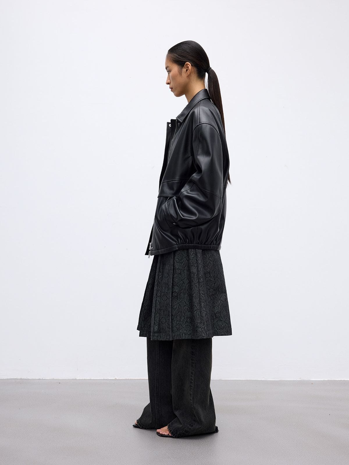 Random Piece Drop Shoulder Matte Faux Leather Jacket in Black - On Female Model