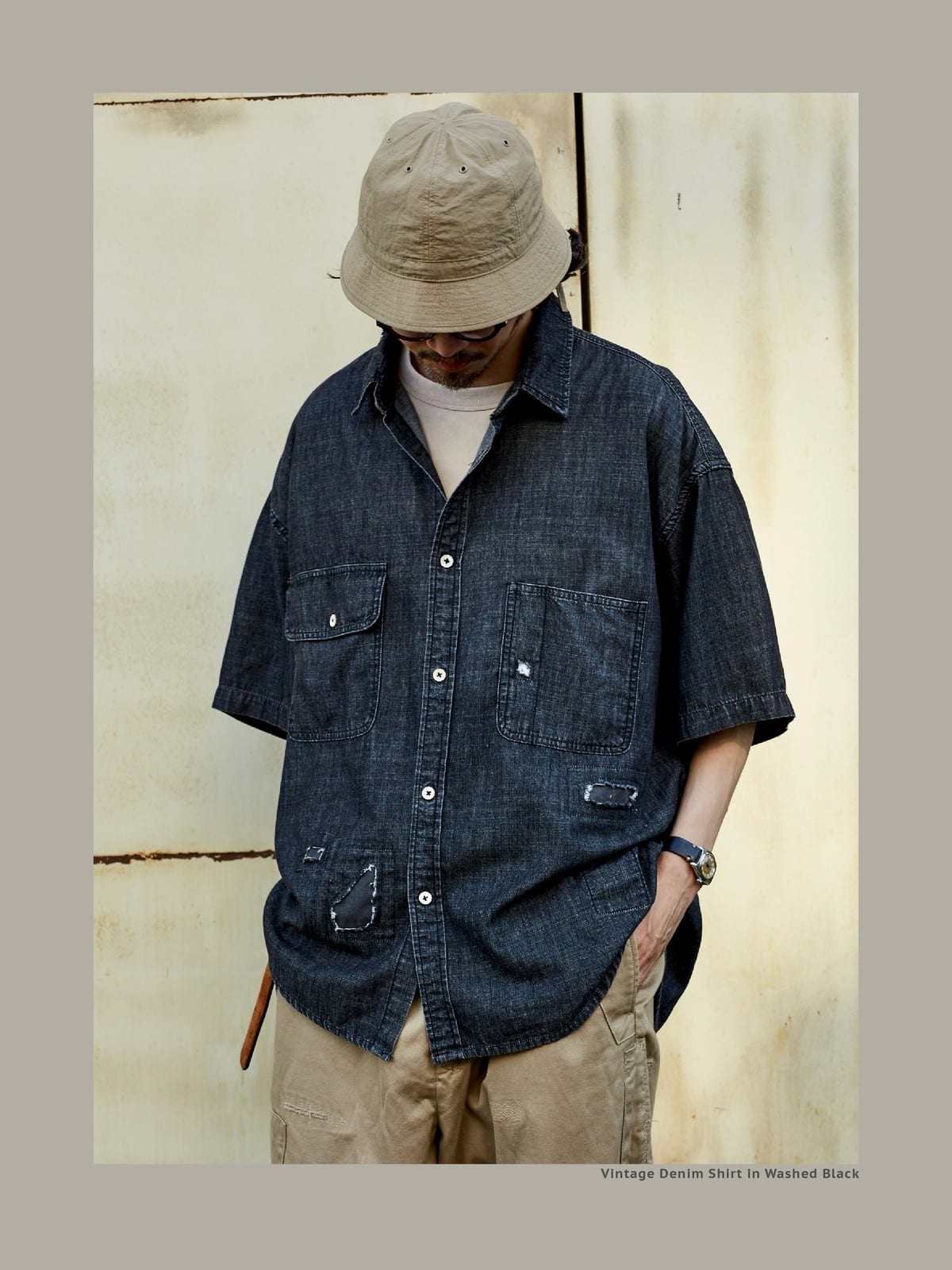 USAGE Distressed Short Sleeve Denim Shirt in Gray - On Male Model