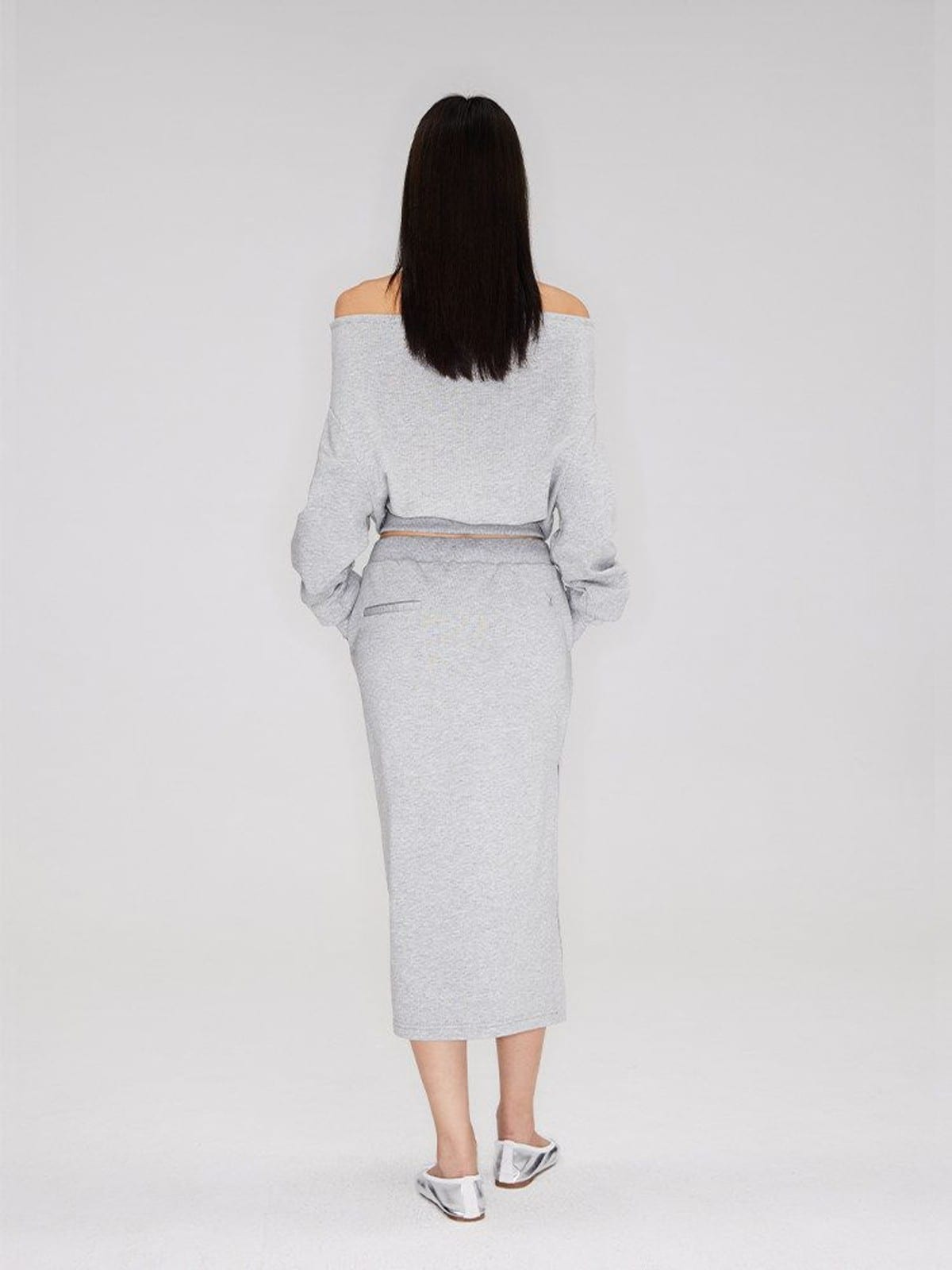 RARELY ALIKE Cotton Side Slit Midi Skirt in Gray - On Female Model