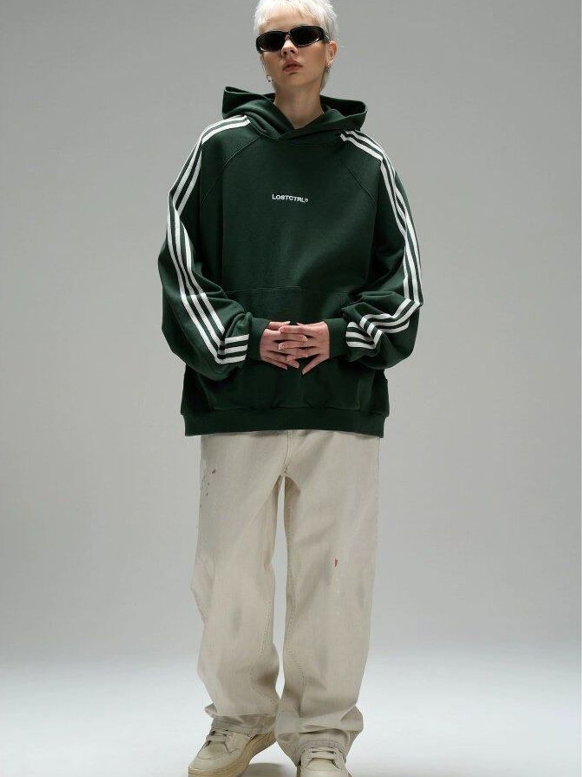LOSTCTRL Three Stripe Cotton Hoodie in Green - On Female Model