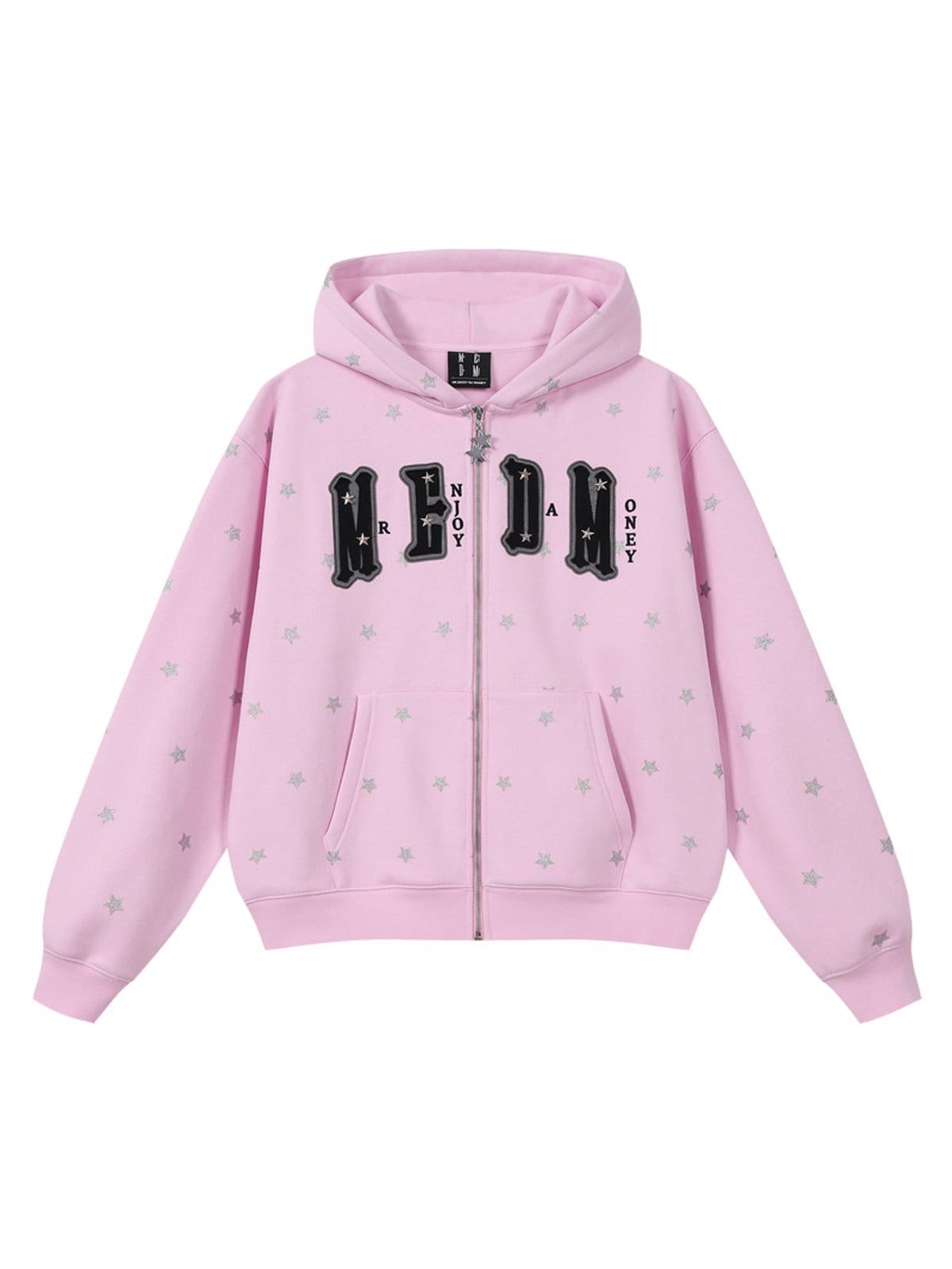 MEDM Fleece Lined Star Print Zip Hoodie in Pink