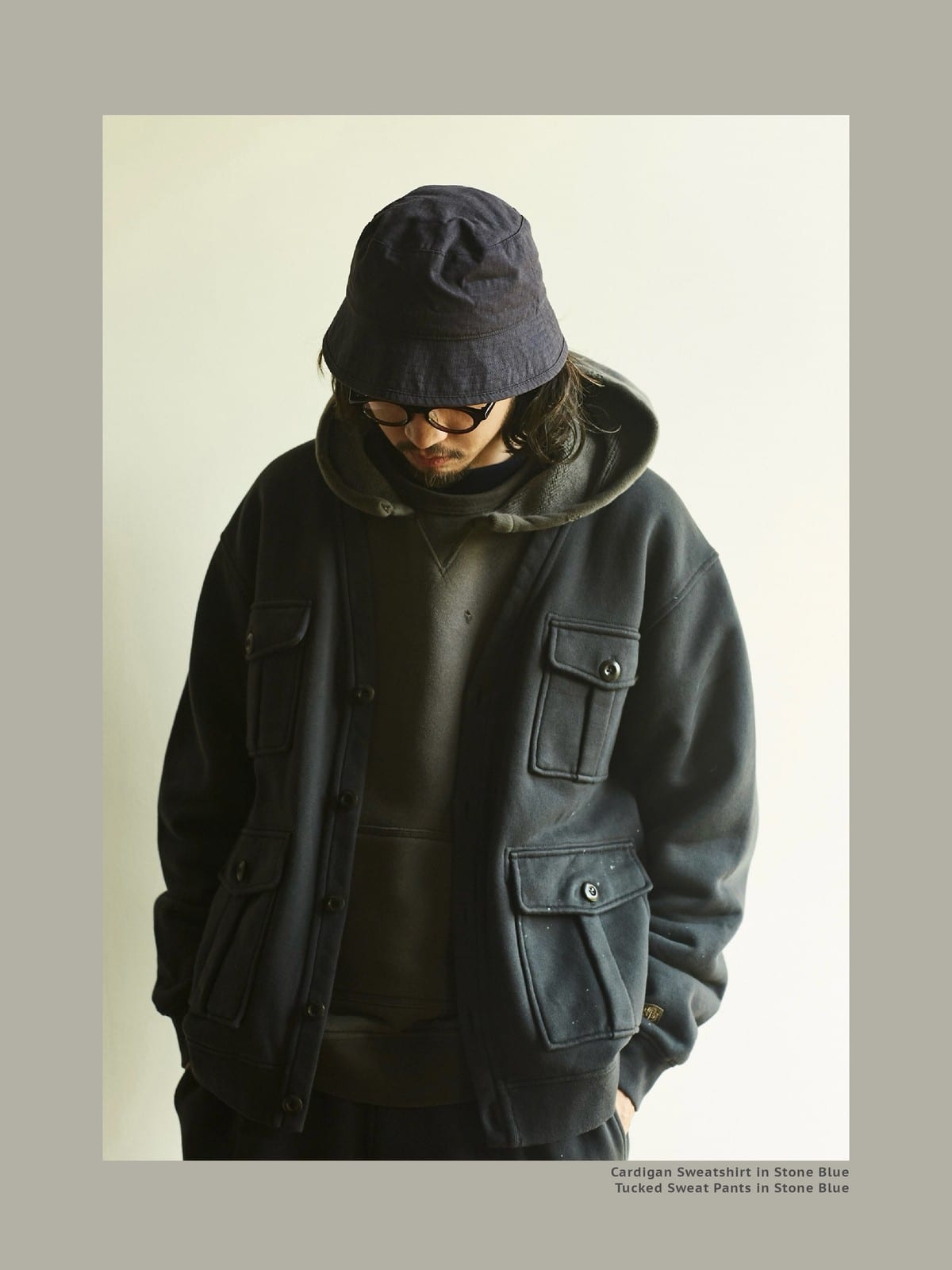 USAGE Cotton Safari Pocket Cardigan Sweatshirt in Navy Blue - On Male Model