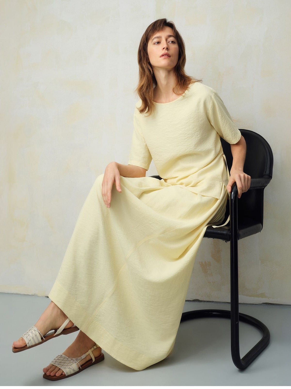 TEASEL Crinkled Silk Blend Shirt Pants Set in Yellow - On Female Model