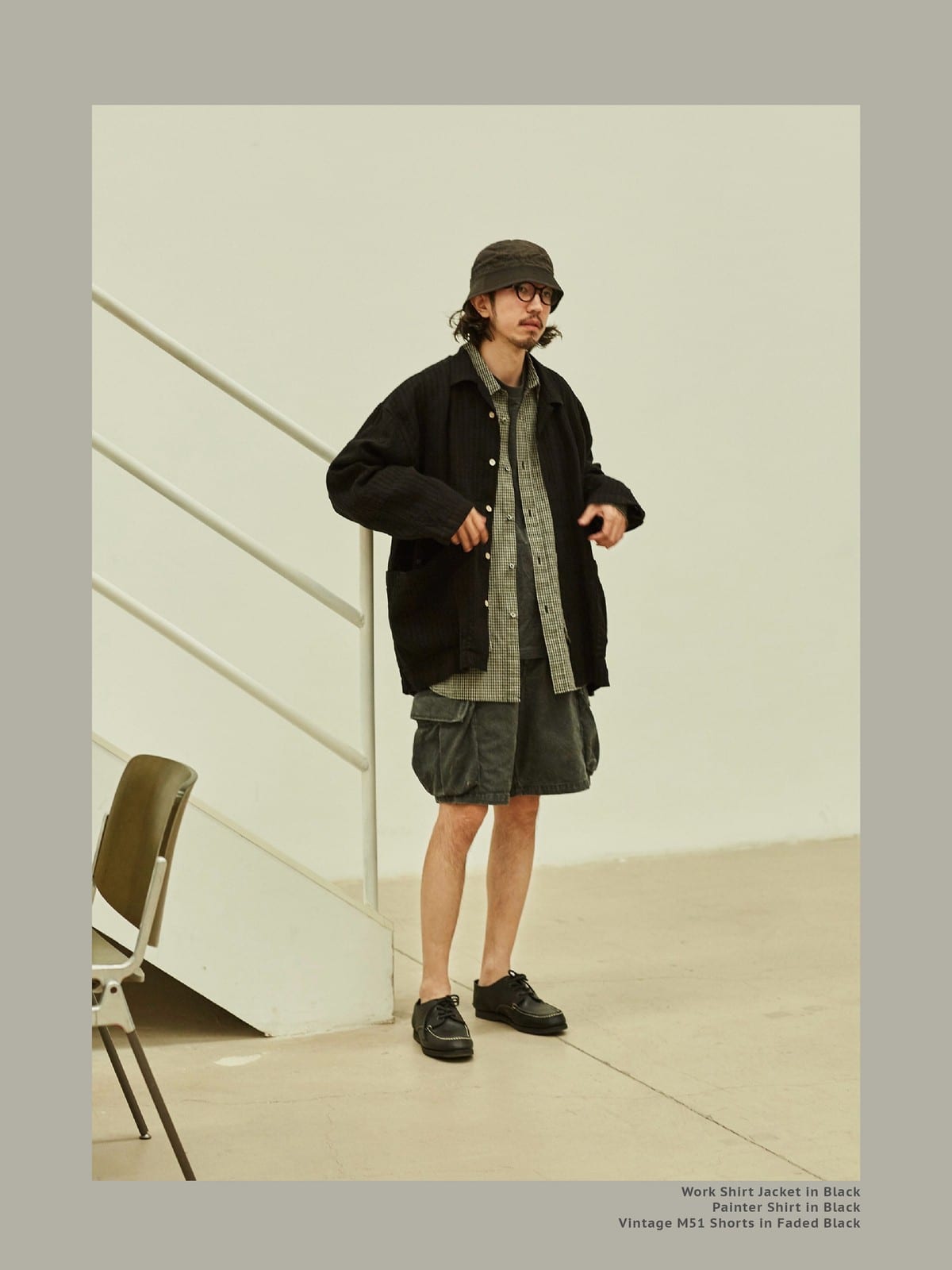 USAGE Textured Cotton Ramie Work Shirt in Black - On Male Model