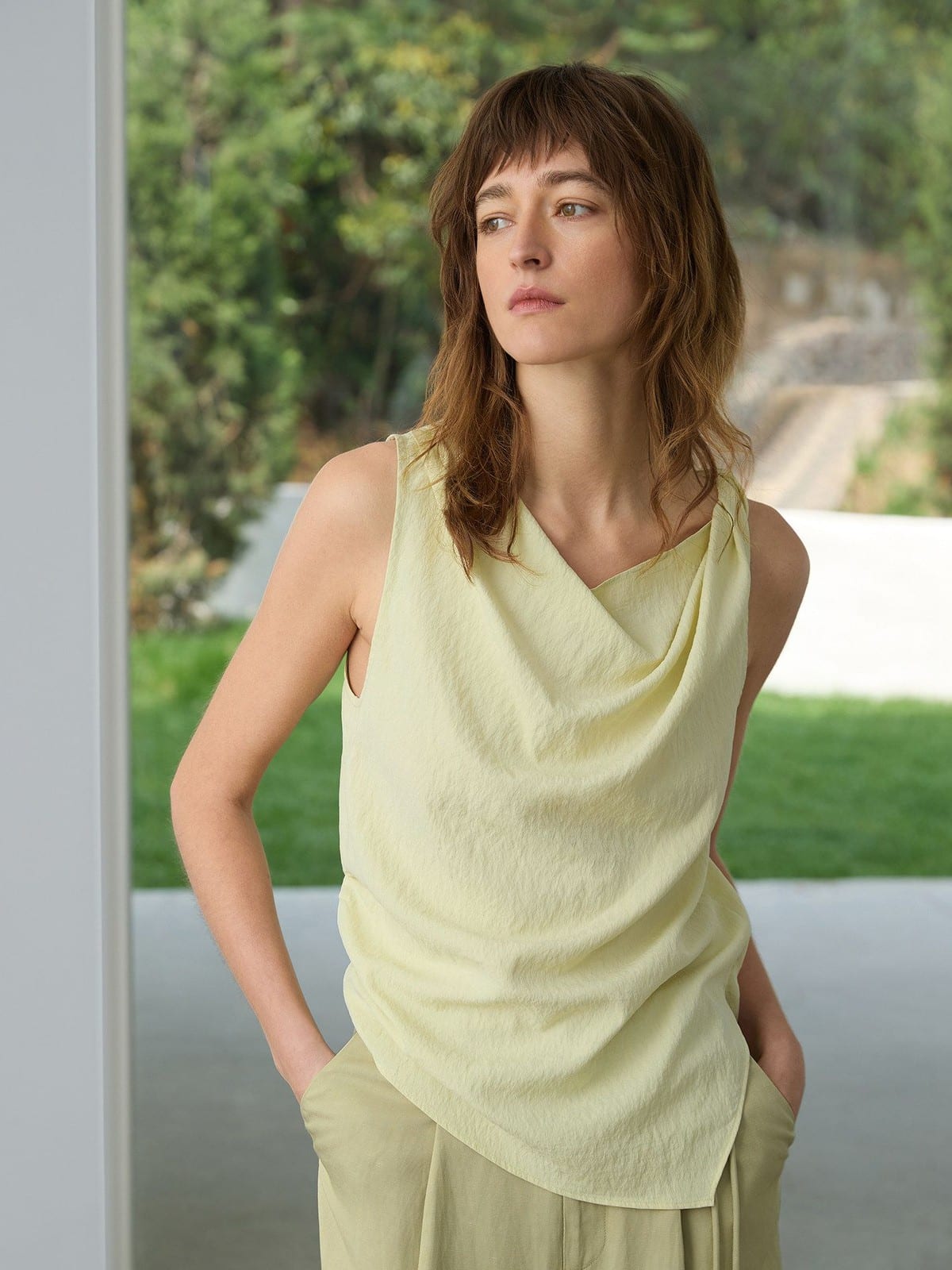 TEASEL Crinkled Silk Blend Short Sleeve Top in Yellow - On Female Model