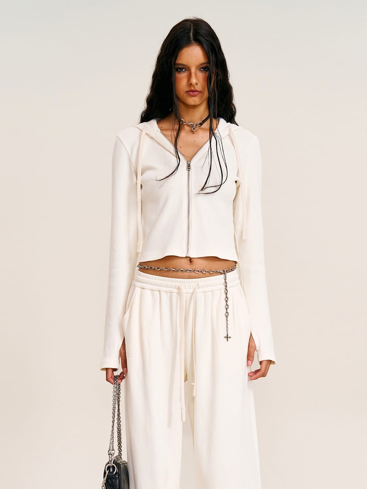 SMFK Washed Ribbed Zip Up Hoodie in Cream - On Female Model
