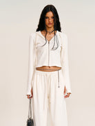SMFK Washed Ribbed Zip Up Hoodie in Cream - On Female Model
