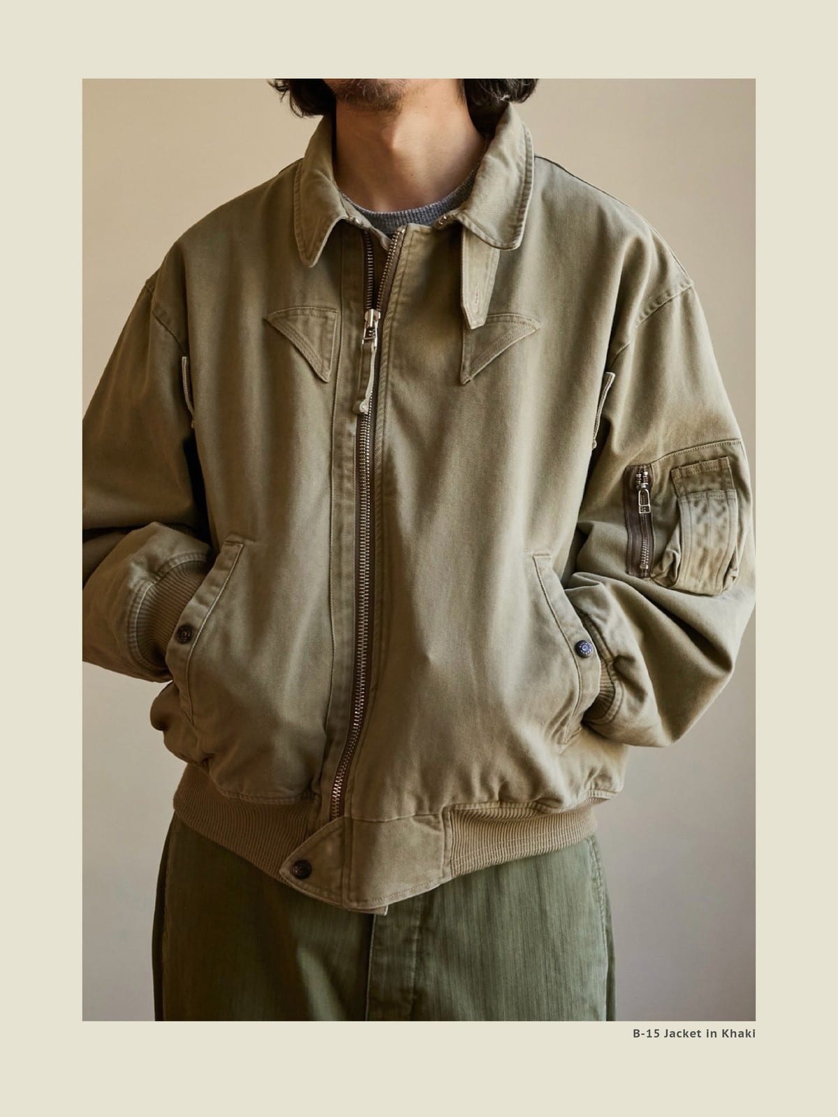 USAGE Washed Cotton Lyocell B 15 Bomber in Khaki - On Male Model