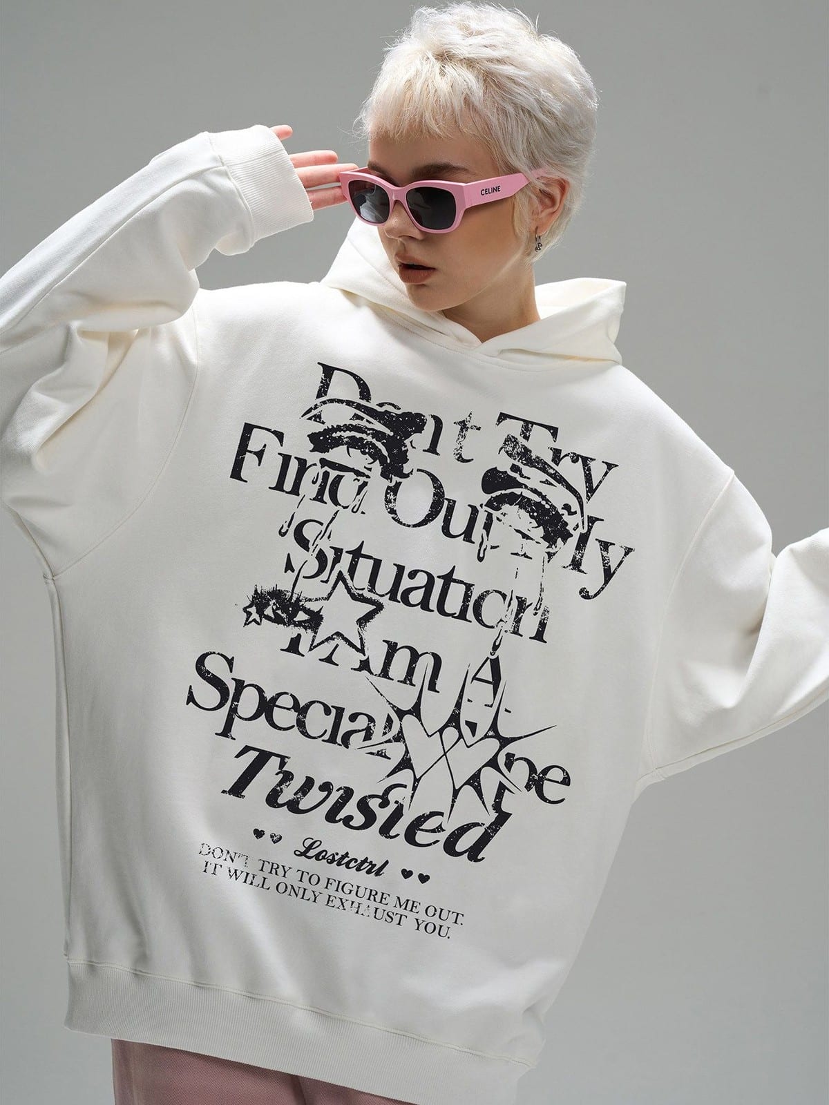 LOSTCTRL Graphic Print Fleece Hoodie in White - On Female Model