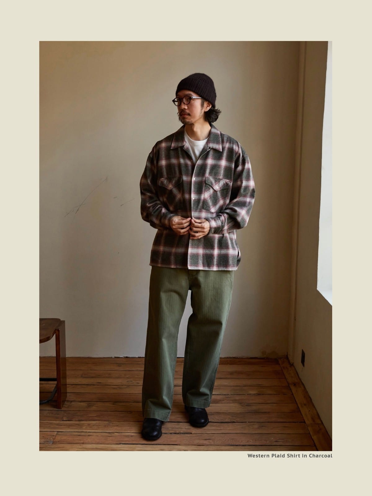 USAGE Brushed Plaid Western Shirt in Olive - On Male Model