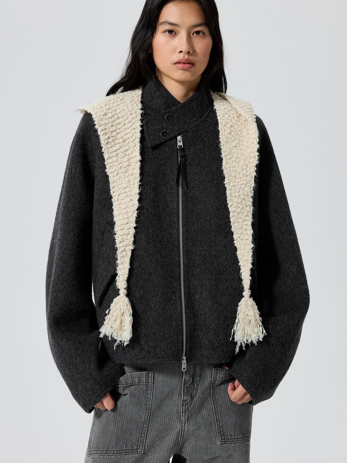 SIMPLE PROJECT Double Faced Wool Harrington Jacket in Gray - On Female Model