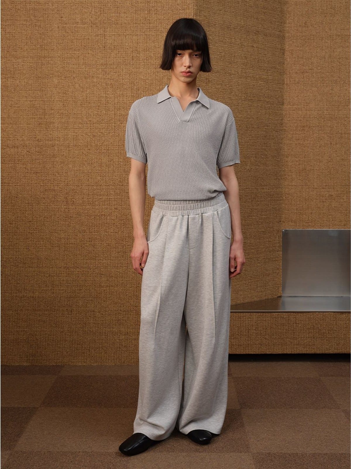 JCAESAR STUDIO Ribbed Ice Silk Knit Polo in Gray - On Male Model