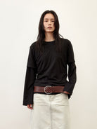 Random Piece Linen Blend U Neck T Shirt in Black - On Female Model