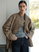 MSBEAST Drawstring Sheep Leather Jacket in Taupe - On Female Model
