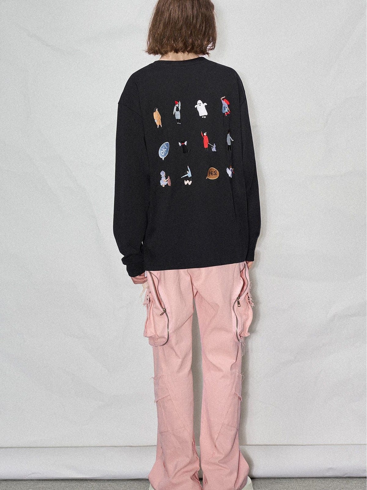 LOSTCTRL Embroidered Long Sleeve Cotton T Shirt in Black - On Model