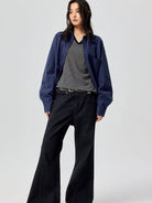 SIMPLE PROJECT Lyocell Cotton Pocket Work Shirt in Navy Blue - On Female Model