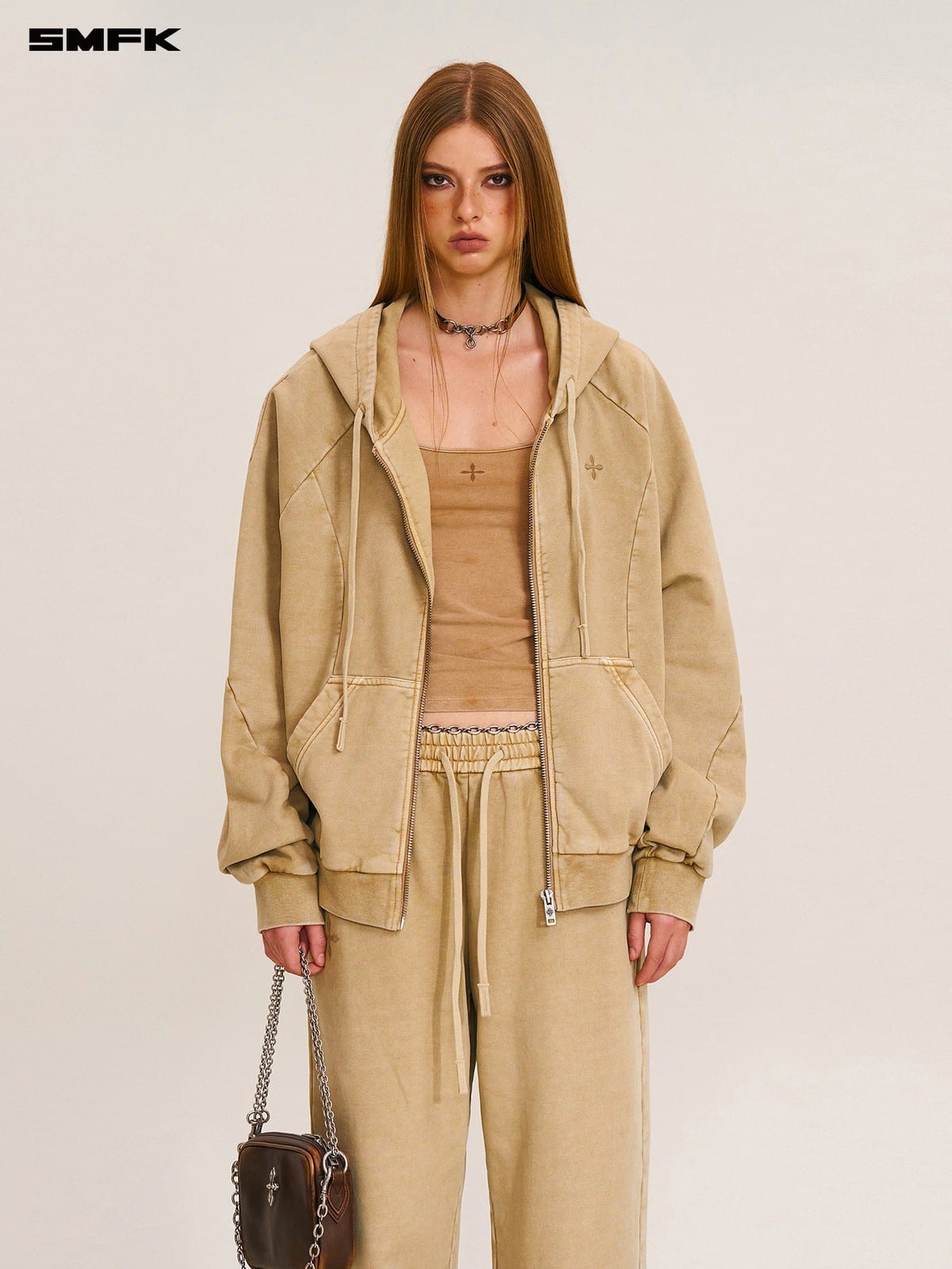 SMFK Distressed Washed Cotton Zip Up Hoodie in Beige - On Female Model