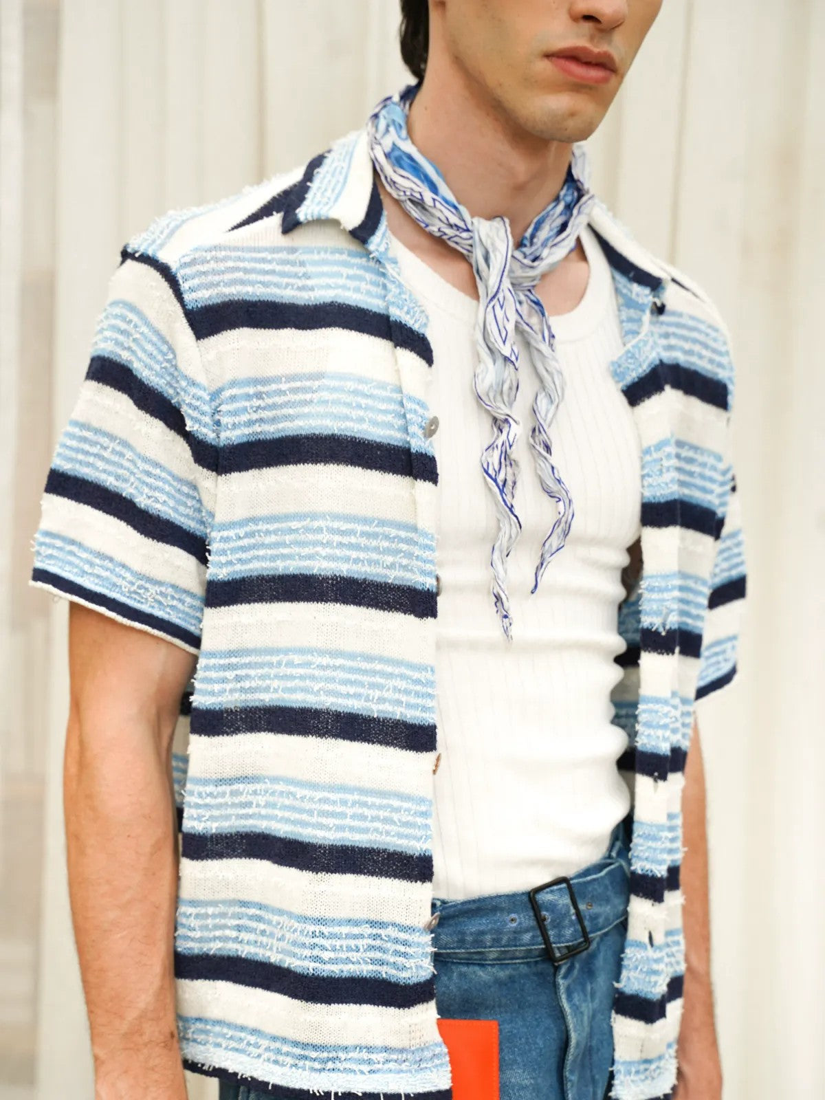 Retro 21 Irregular Pleated Vintage Print Scarf in Blue - On Male Model