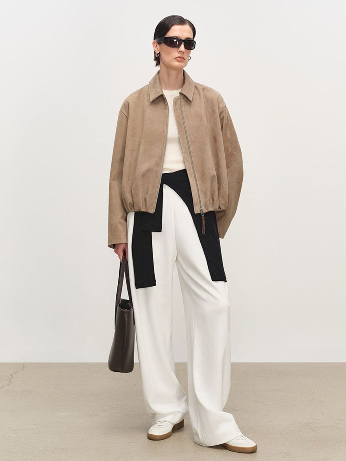 MSBEAST Gathered Hem Sheep Leather Jacket in Beige - On Female Model