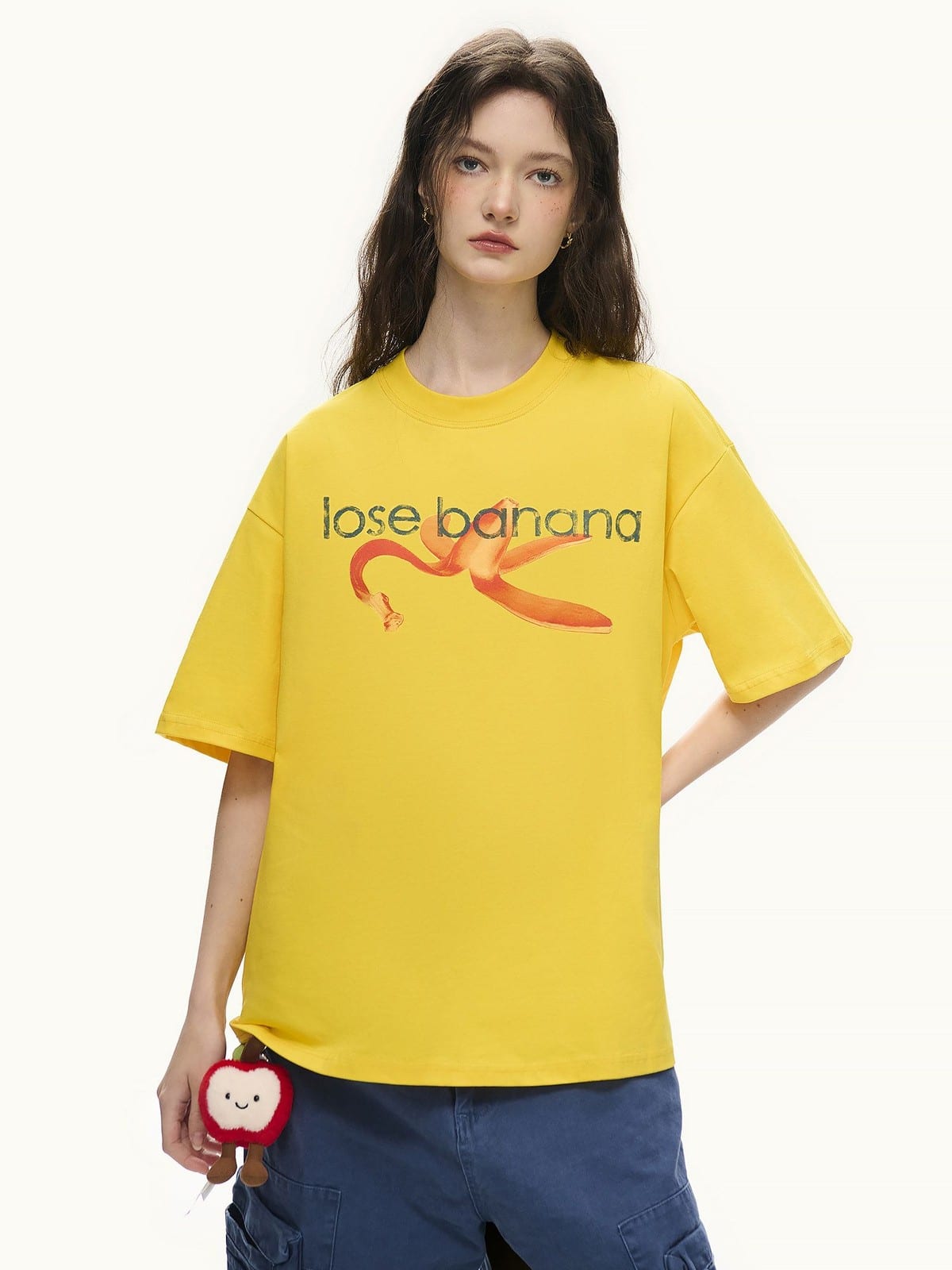 LOSTCTRL Distressed Banana Print Sorona T Shirt in Yellow - On Female Model