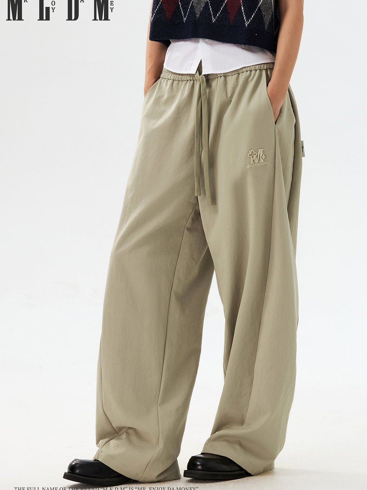 MEDM Spliced Drawstring Wide Leg Trousers in Beige - On Model