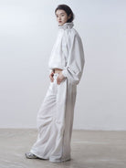 RARELY ALIKE Adjustable Collar Balloon Sports Jacket in White - On Female Model
