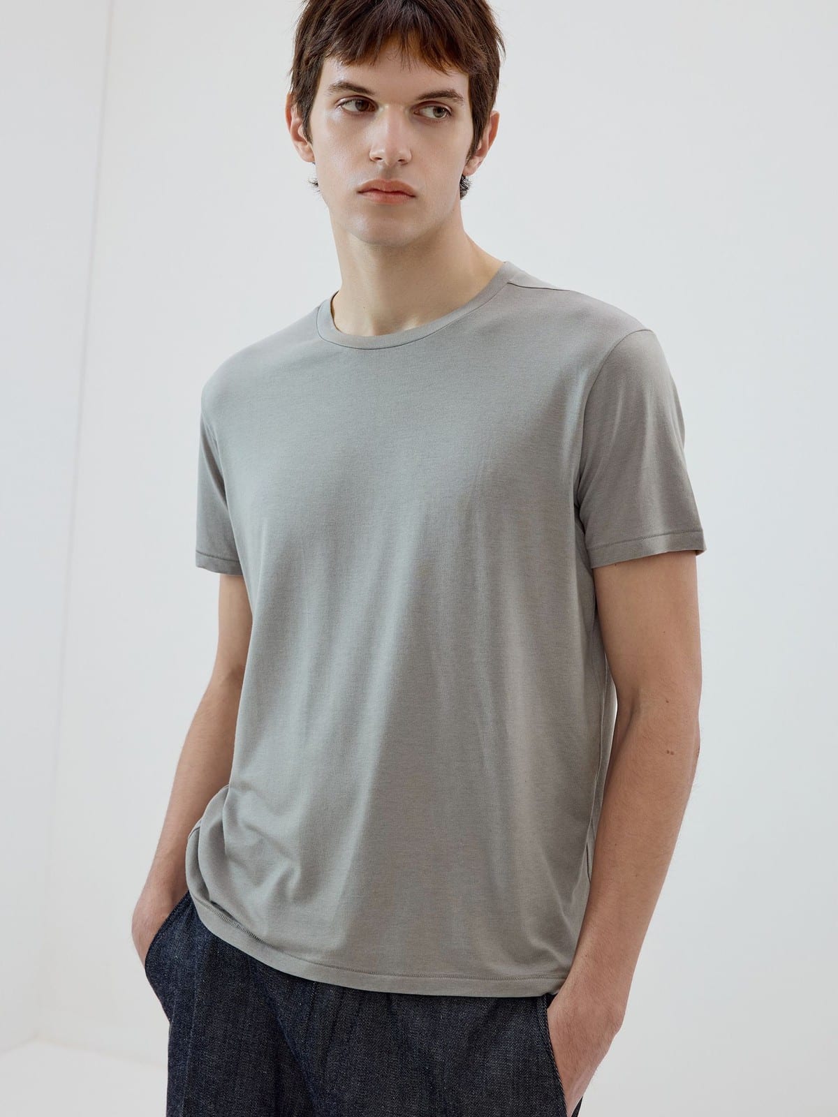 SIMPLE PROJECT Wool Blend Crewneck T Shirt in Gray - On Male Model