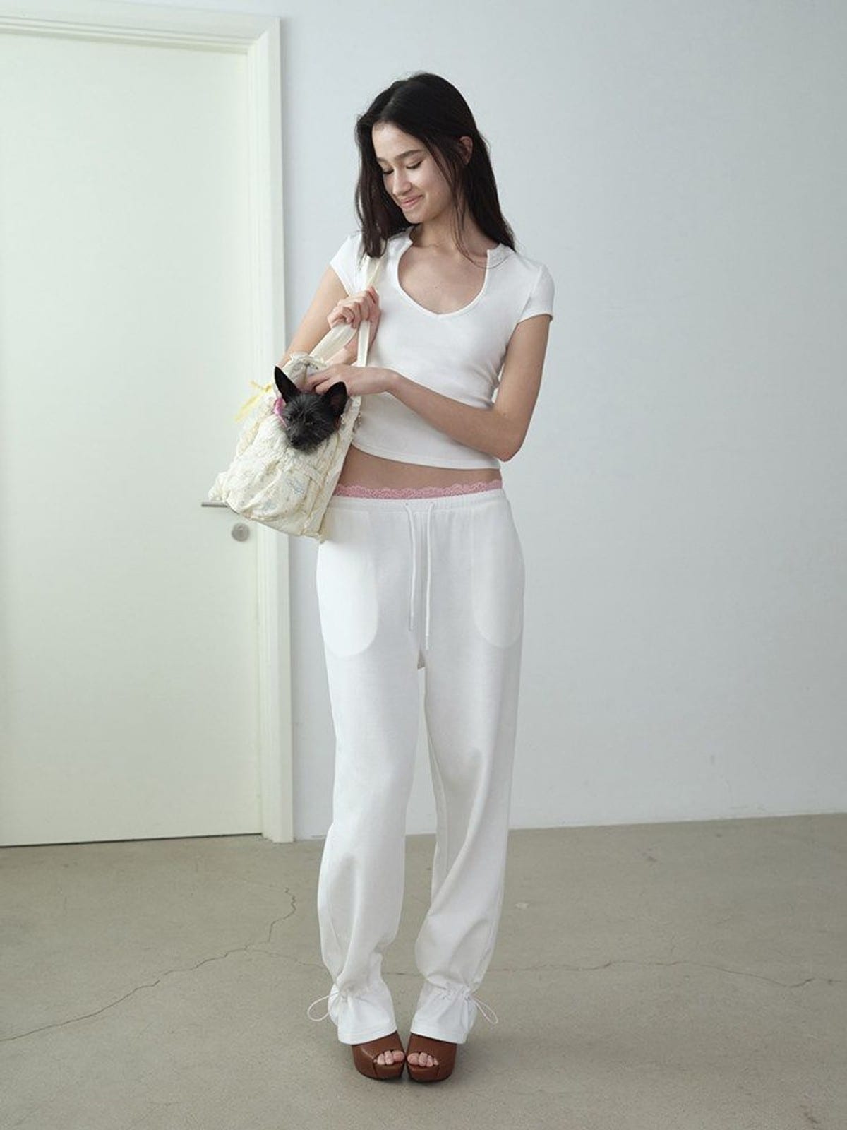 RARELY ALIKE Lace Waistband Adjustable Joggers in White - On Female Model