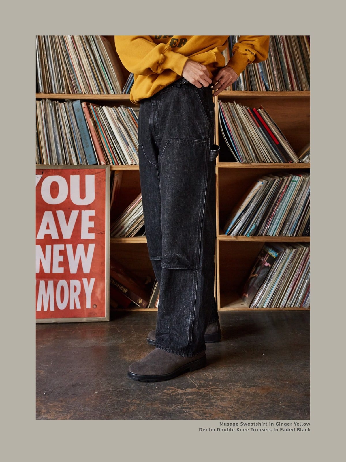 USAGE Washed Denim Double Knee Trousers in Black - On Model
