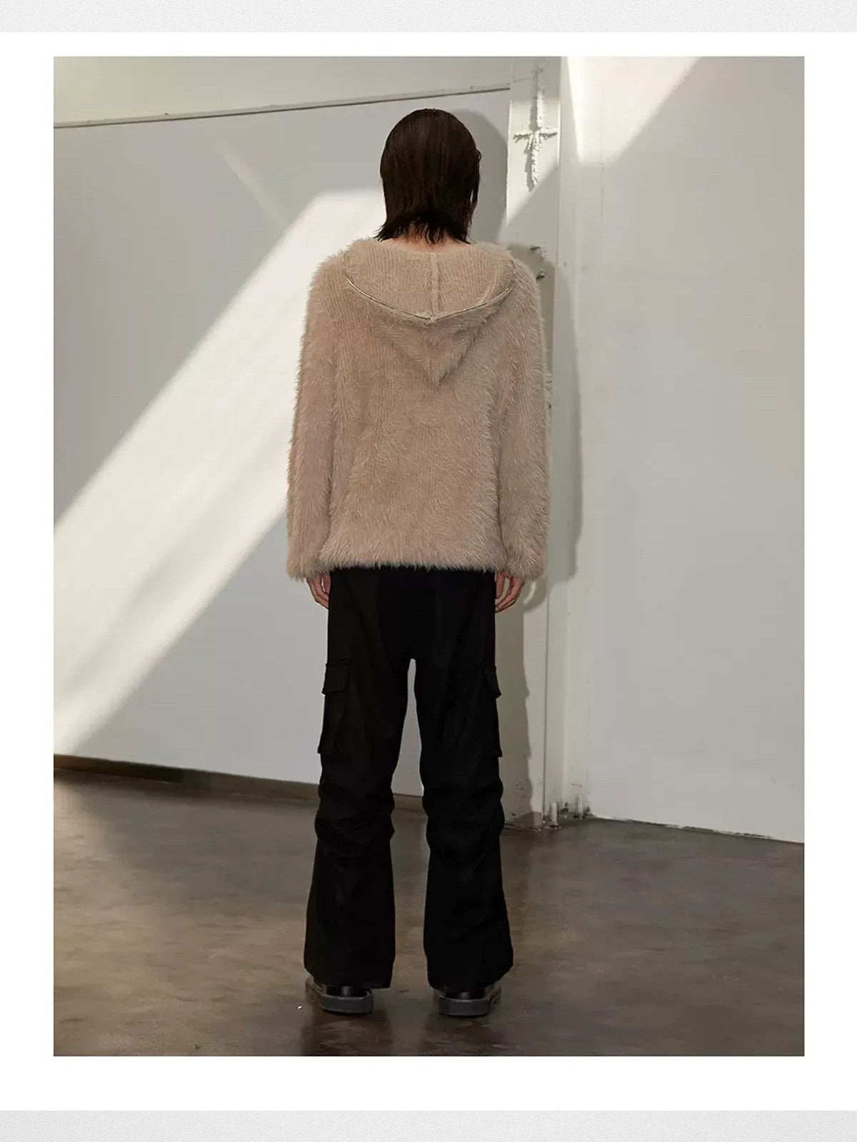 Y OFFICIAL Faux Mink Half Zip Hoodie in Beige - On Model