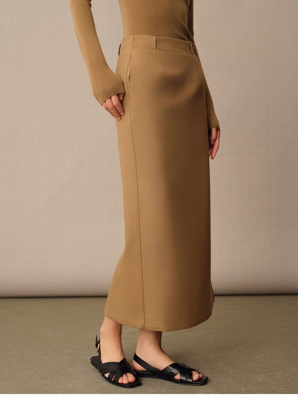 TEASEL Worsted Merino Wool Midi Skirt in Brown - On Female Model