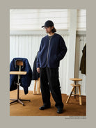 USAGE Heavyweight Waffle Knit Zip Cardigan in Navy Blue - On Male Model
