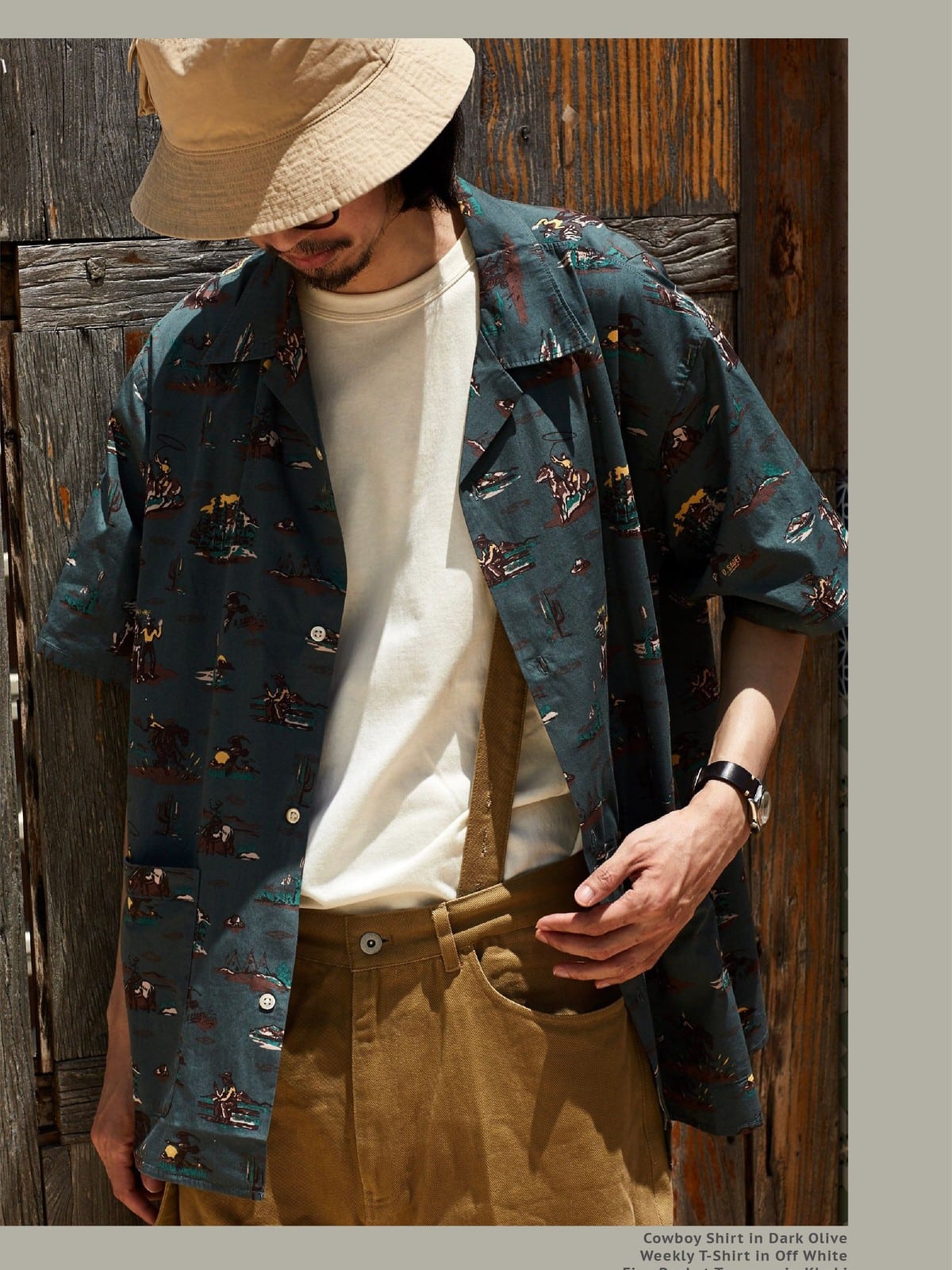 USAGE Cowboy Print Cotton Hawaiian Shirt in Teal - On Male Model