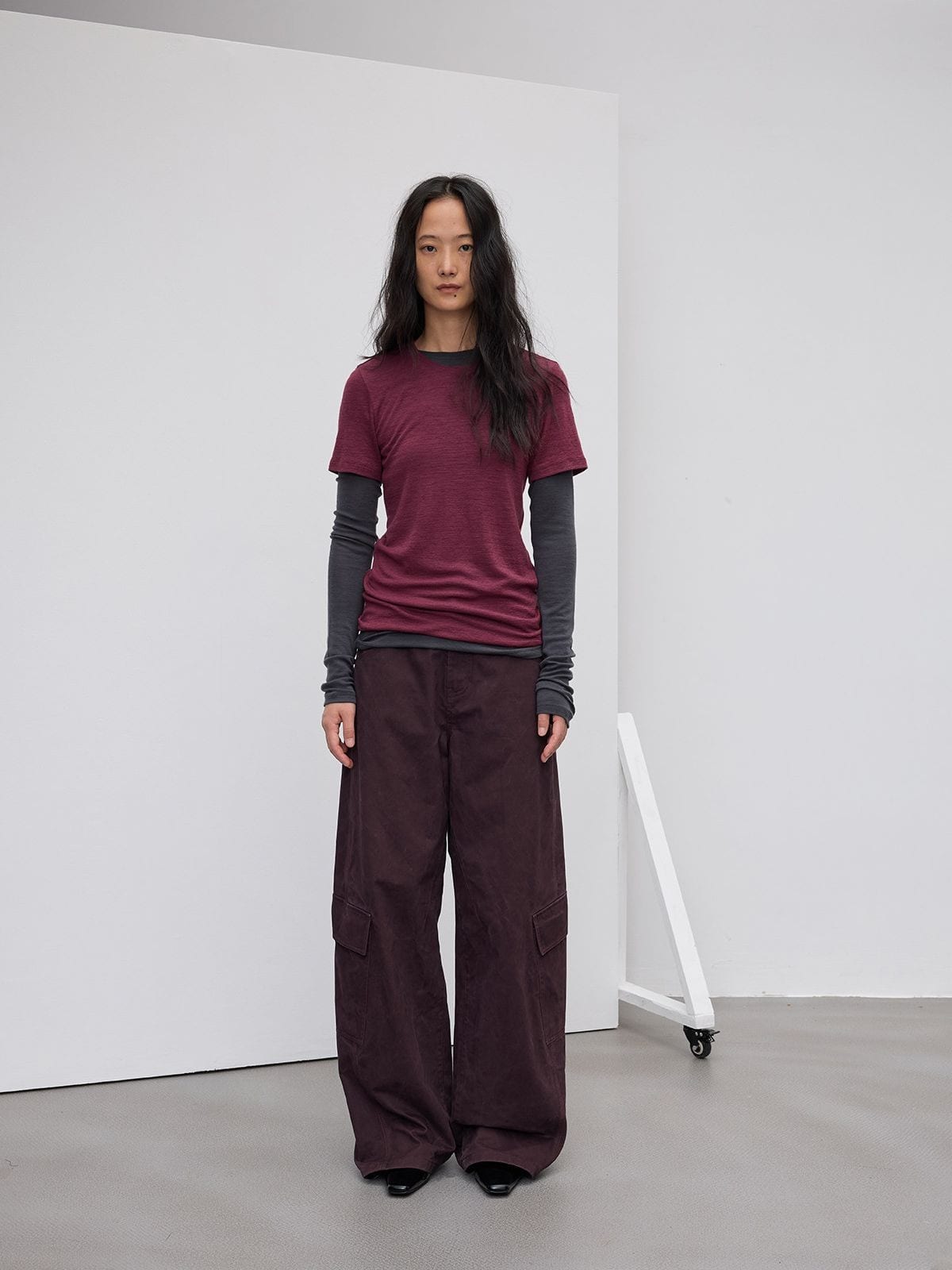 Random Piece Merino Wool U Neck Short Sleeve T Shirt in Burgundy - On Female Model