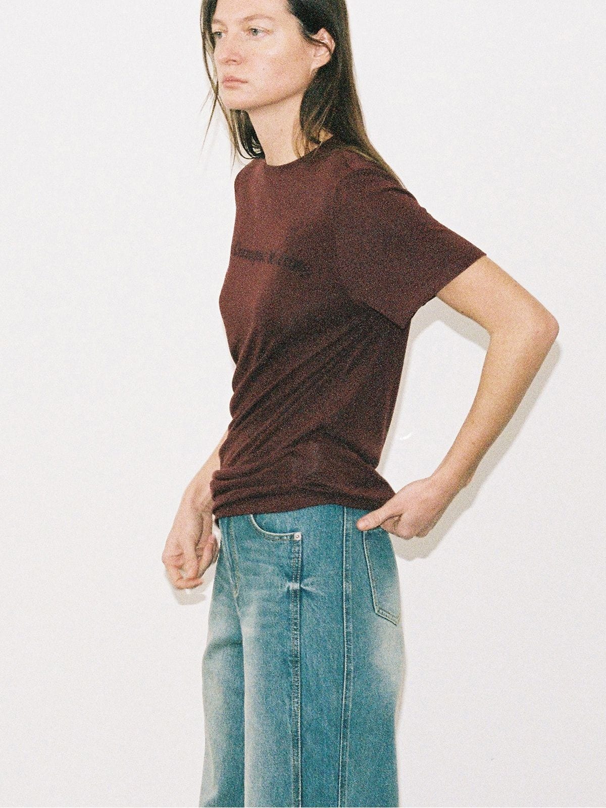 Random Piece Lyocell Blend Letter Print T Shirt in Burgundy - On Female Model