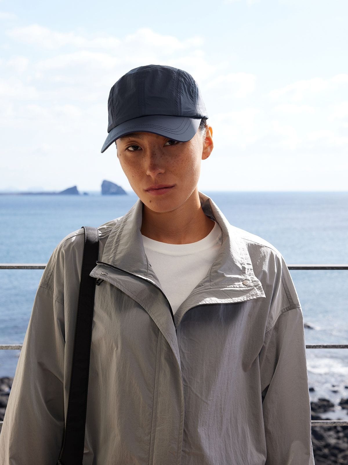 Random Piece Stand Collar Polyamide Windbreaker in Gray - On Female Model