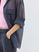 SIMPLE PROJECT Sheer Cotton Blend Organza Shirt in Gray - On Female Model