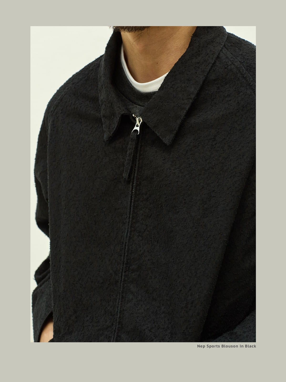 USAGE Textured Nep Blouson Jacket in Black - On Male Model